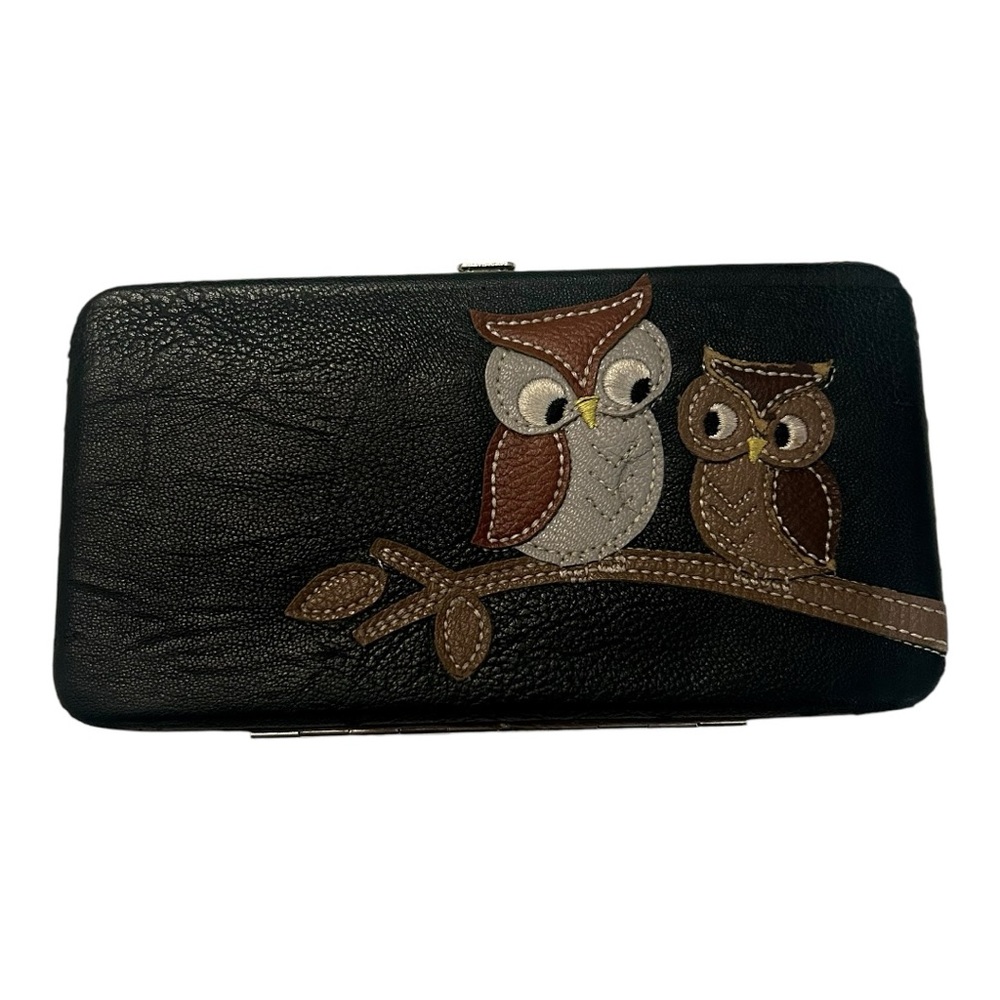 Vintage Women’s Brown Slim Bi Fold Wallet With Owl Embroidery & Push Metal Lock